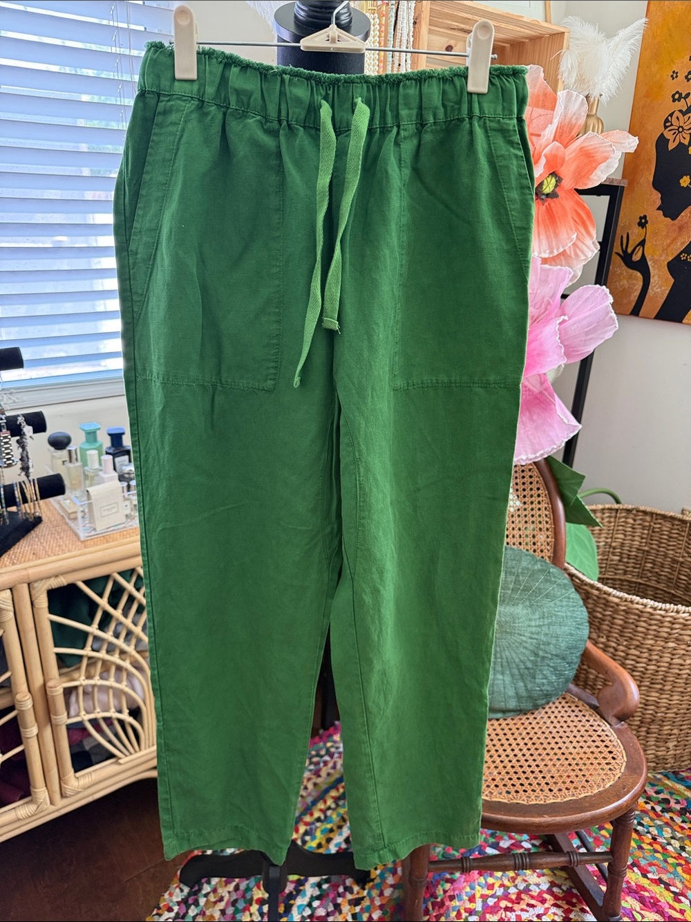 Zara Grass Green Linen Blend Elastic Drawstring Waist Classic Resort Chic Pants